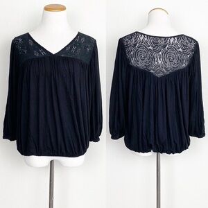 Anthropologie Tiny Black Rose Lace Crochet Top 3/4 Sleeve Sz XS